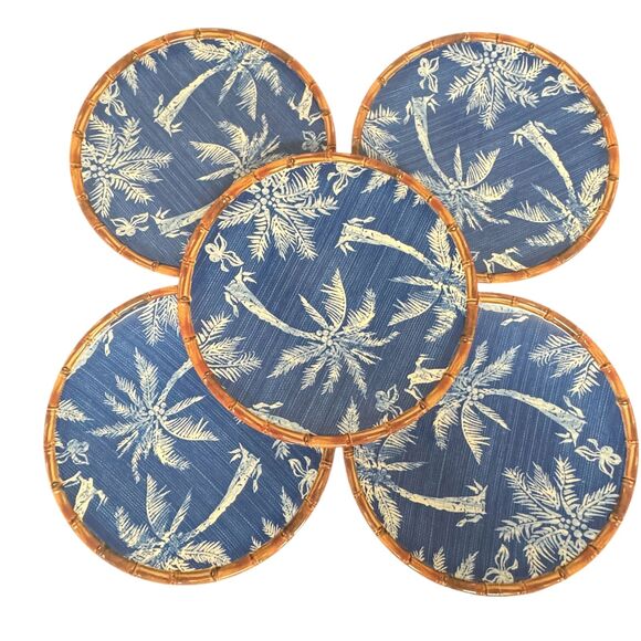 Members Mark Tropical Ikat Melamine Plate Set of 5 Blue Palm Tree Bamboo Trim - Picture 1 of 9